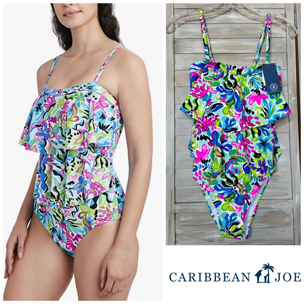 Caribbean Joe tiered bandeau 1 piece swimsuit removable straps floral Small NWT
